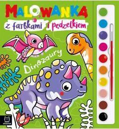 Malowanka z farbkami i pędzelkiem. Dinozaury